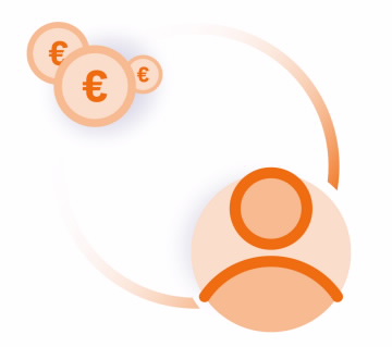 Ciclo entre o ícone de uma pessoa e o ícone com três moedas. Representa o produto da Benefício Definido.